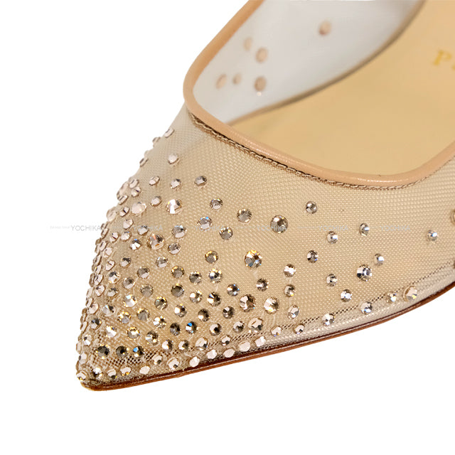 [Pre-loved] Christian Louboutin Follies Strass Ballerina Flat shoes Heart Beige mesh #36.5[USED A][Authentic]