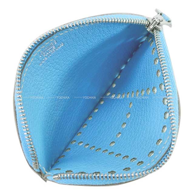 HERMES change purse Evelyne Celeste Chevre Mysore Silver HW Stamp □O[ALMOST NEW][Authentic]