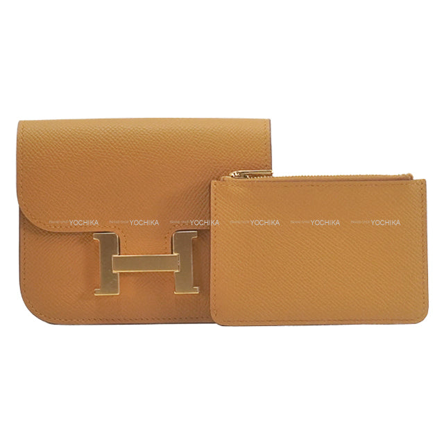 HERMES Bi-fold wallet Constance Slim Biscuit Veau Epsom Gold HW Stamp B[EXCELLENT][Authentic]