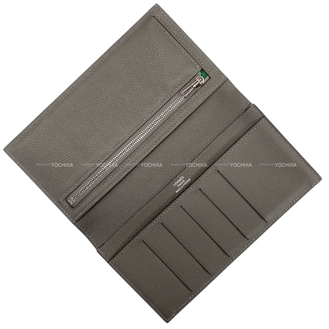 [Pre-loved] HERMES long wallet CITIZEN Twill Long Scarf with HER-MES Print Gris Meyer Evercolor/Silk Silver HW Stamp B[LIKE NEW][Authentic]