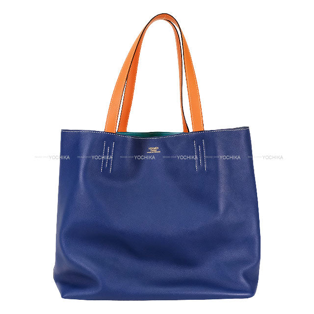 [Pre-loved] HERMES Handbag Double Sens 45 Bleu Saphir/Orange/Bleu Paon Veau Sikkim Stamp C[LIKE NEW][Authentic]