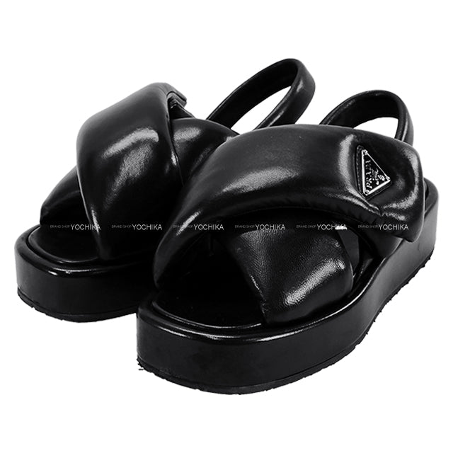 [Pre-loved] PRADA sandals Wedge Softpadded #36.5 Noir (Black) Nappa Leather 36.5 1XZ758[LIKE NEW][Authentic]