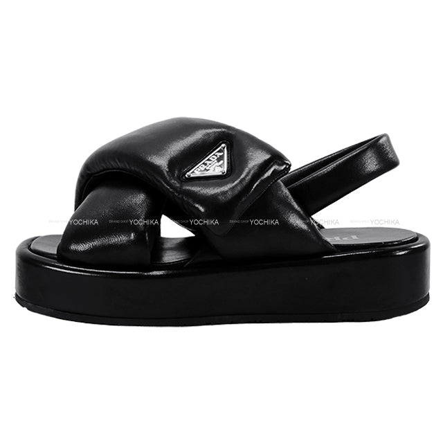 [Pre-loved] PRADA sandals Wedge Softpadded #36.5 Noir (Black) Nappa Leather 36.5 1XZ758[LIKE NEW][Authentic]