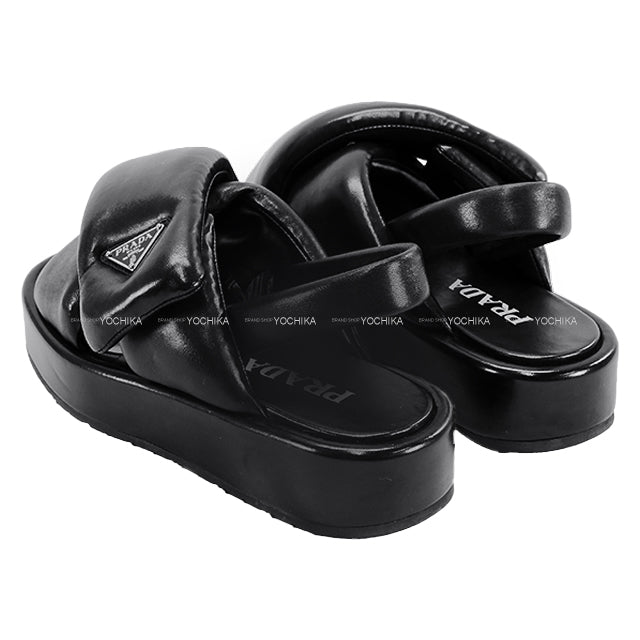 [Pre-loved] PRADA sandals Wedge Softpadded #36.5 Noir (Black) Nappa Leather 36.5 1XZ758[LIKE NEW][Authentic]