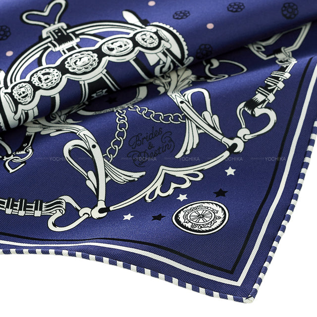 2024AW HERMES scarf Brides et Destin Bandana Marine/Noir (Black)/Blanc (White) Silk100%[EXCELLENT][Authentic]