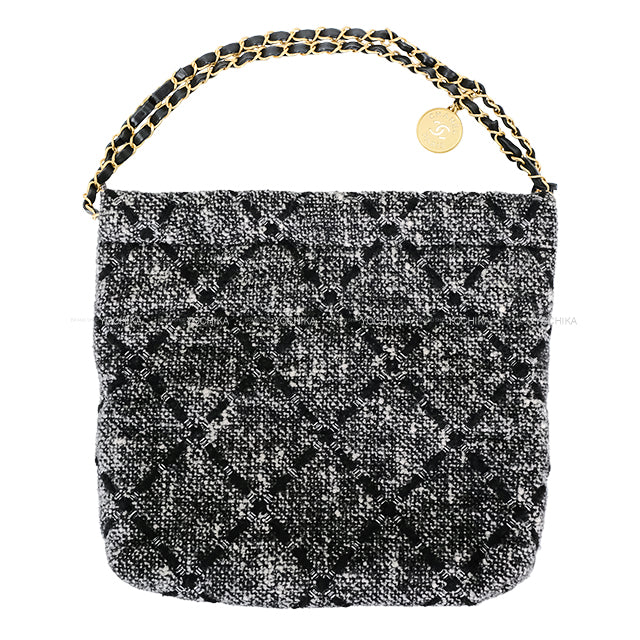 [Pre-loved] 2022-23AW CHANEL Shoulder bag Chanel 22 Medal Charm Logo Hobo Noir (Black)/Blanc (White) Tweed Gold HW AS3260[LIKE NEW][Authentic]