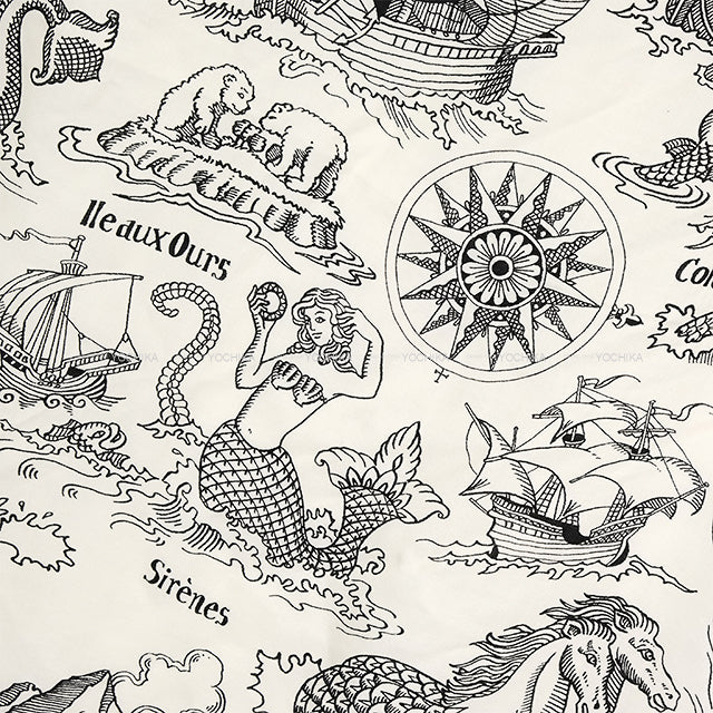 [Pre-loved] HERMES scarf Tatouages Marins Bandana Blanc (White)/Noir (Black) Cashmere70% / Silk30%[LIKE NEW][Authentic]