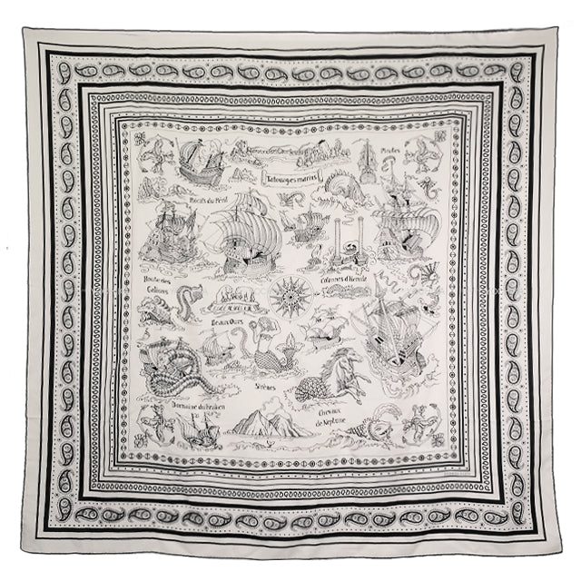 [Pre-loved] HERMES scarf Tatouages Marins Bandana Blanc (White)/Noir (Black) Cashmere70% / Silk30%[LIKE NEW][Authentic]