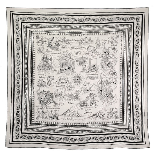 [Pre-loved] HERMES scarf Tatouages Marins Bandana Blanc (White)/Noir (Black) Cashmere70% / Silk30%[LIKE NEW][Authentic]