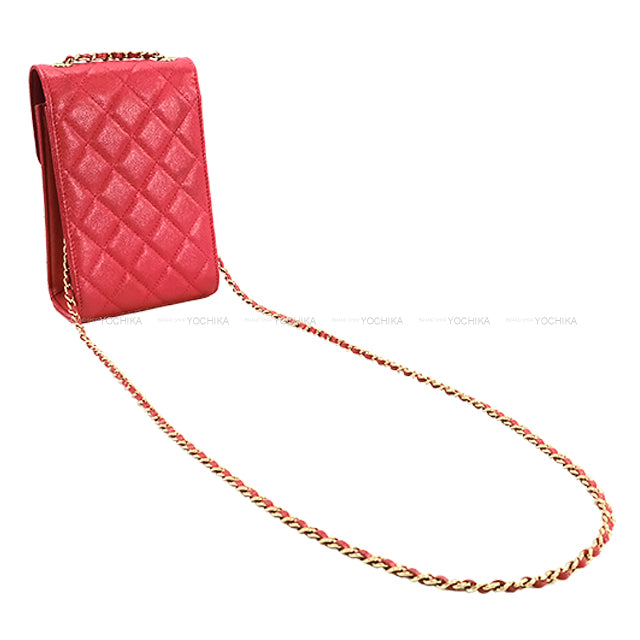 [Pre-loved] CHANEL Carrying case Phone case matelasse Coco marks Chain Rose pink Graind Calf(Caviarskin) Antique Gold HW Ａ84051[USED SA][Authentic]
