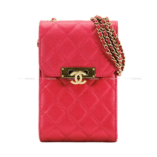 [Pre-loved] CHANEL Carrying case Phone case matelasse Coco marks Chain Rose pink Graind Calf(Caviarskin) Antique Gold HW Ａ84051[USED SA][Authentic]