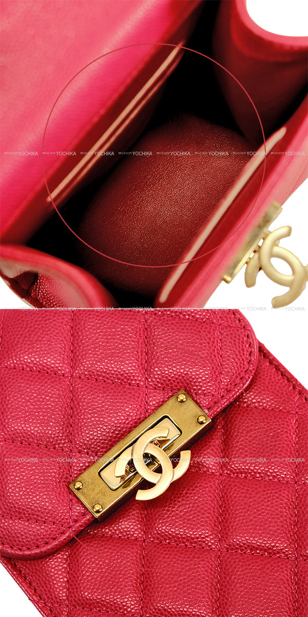 [Pre-loved] CHANEL Carrying case Phone case matelasse Coco marks Chain Rose pink Graind Calf(Caviarskin) Antique Gold HW Ａ84051[USED SA][Authentic]