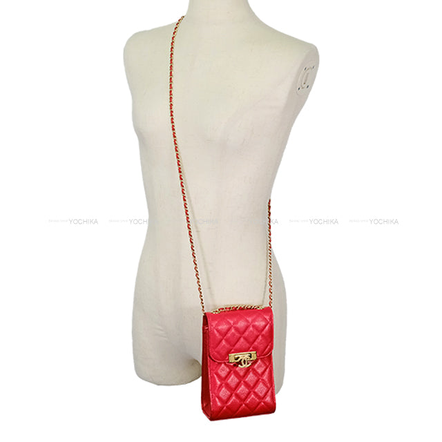 [Pre-loved] CHANEL Carrying case Phone case matelasse Coco marks Chain Rose pink Graind Calf(Caviarskin) Antique Gold HW Ａ84051[USED SA][Authentic]