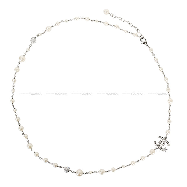 CHANEL necklace Long Star COCO mark Pearl Crystal Rhinestone Fake Pearl Silver HW[EXCELLENT][Authentic]