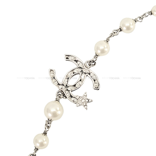 CHANEL necklace Long Star COCO mark Pearl Crystal Rhinestone Fake Pearl Silver HW[EXCELLENT][Authentic]