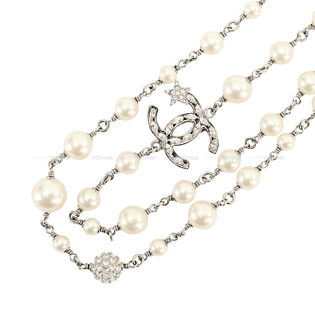 CHANEL necklace Long Star COCO mark Pearl Crystal Rhinestone Fake Pearl Silver HW[EXCELLENT][Authentic]