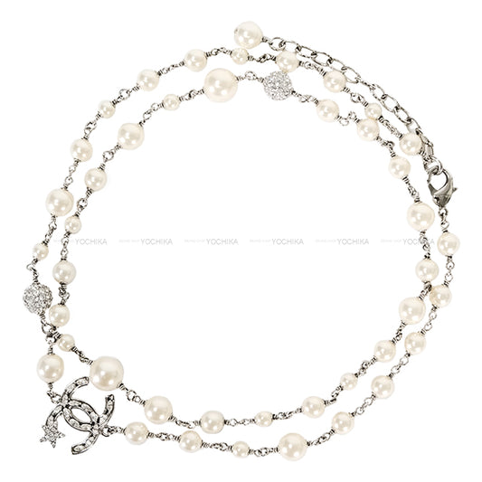 CHANEL necklace Long Star COCO mark Pearl Crystal Rhinestone Fake Pearl Silver HW[EXCELLENT][Authentic]