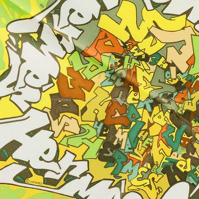 2018SS HERMES scarf Carre 45 Gavroche Hermes Graffiti KONGO Vertvif/loden/Jaune Silk[EXCELLENT][Authentic]