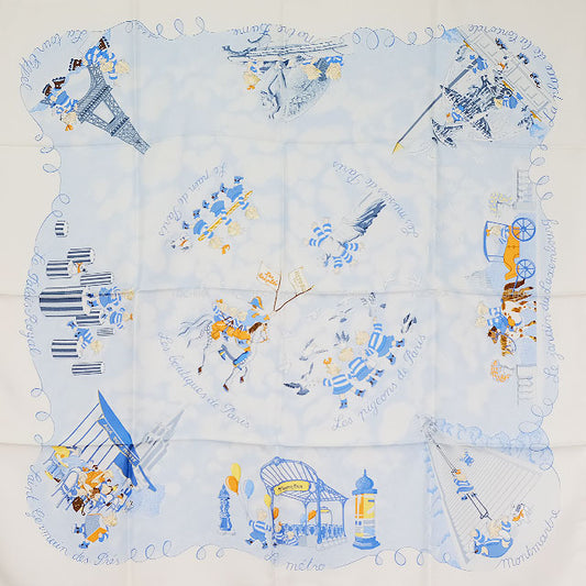 [Pre-loved] HERMES scarf Carre 90 Les Triples de Paris White(Blanc)/Blue Silk[LIKE NEW][Authentic]