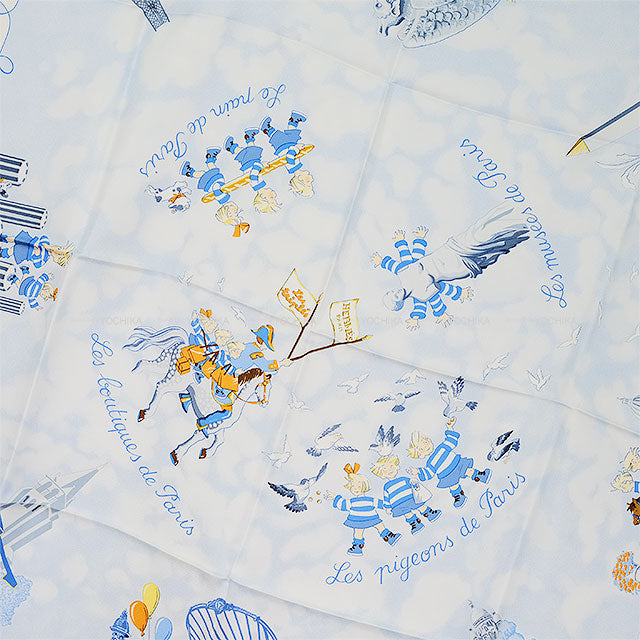 [Pre-loved] HERMES scarf Carre 90 Les Triples de Paris White(Blanc)/Blue Silk[LIKE NEW][Authentic]