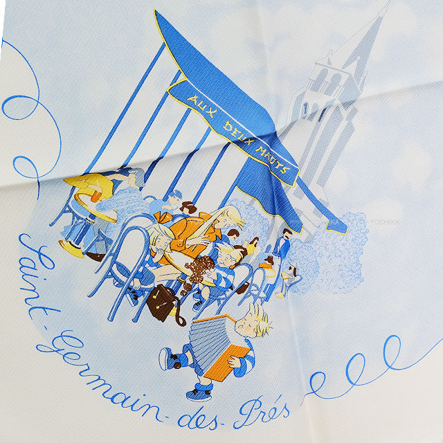 [Pre-loved] HERMES scarf Carre 90 Les Triples de Paris White(Blanc)/Blue Silk[LIKE NEW][Authentic]