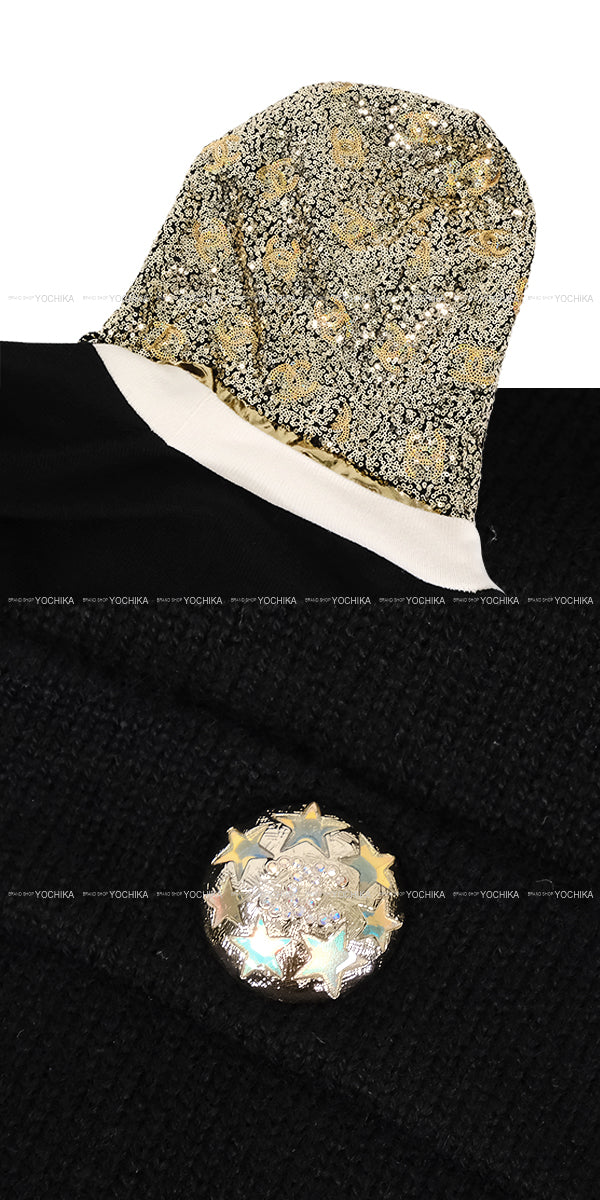 2024 Cruise CHANEL Cardigan Women's Cardigan Sequin COCO Mark Hood Star Buttons Noir (Black)/Blanc (White)/Gold Cashmere/Cotton/Polyester #50 P76581[EXCELLENT][Authentic]