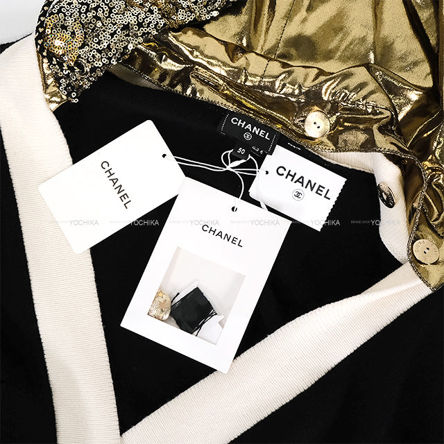 2024 Cruise CHANEL Cardigan Women's Cardigan Sequin COCO Mark Hood Star Buttons Noir (Black)/Blanc (White)/Gold Cashmere/Cotton/Polyester #50 P76581[EXCELLENT][Authentic]