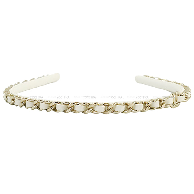 CHANEL hair accessories Headband COCO mark chain Blanc (White) Lambskin Champagne Gold HW[EXCELLENT][Authentic]