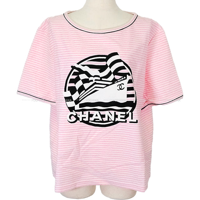 CHANEL Short sleeve t shirt Ladies LA PAUSA Border Pink/Blanc (White)/Noir (Black) Cotton/Nylon/Polyurethane #50 P60455[EXCELLENT][Authentic]