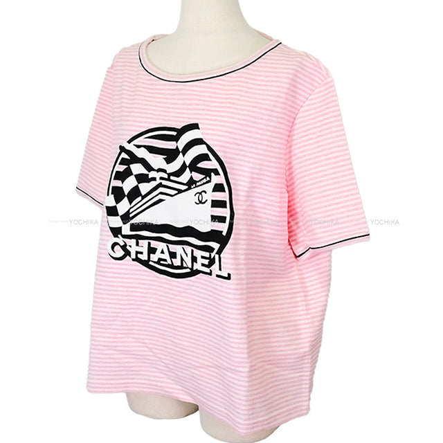 CHANEL Short sleeve t shirt Ladies LA PAUSA Border Pink/Blanc (White)/Noir (Black) Cotton/Nylon/Polyurethane #50 P60455[EXCELLENT][Authentic]