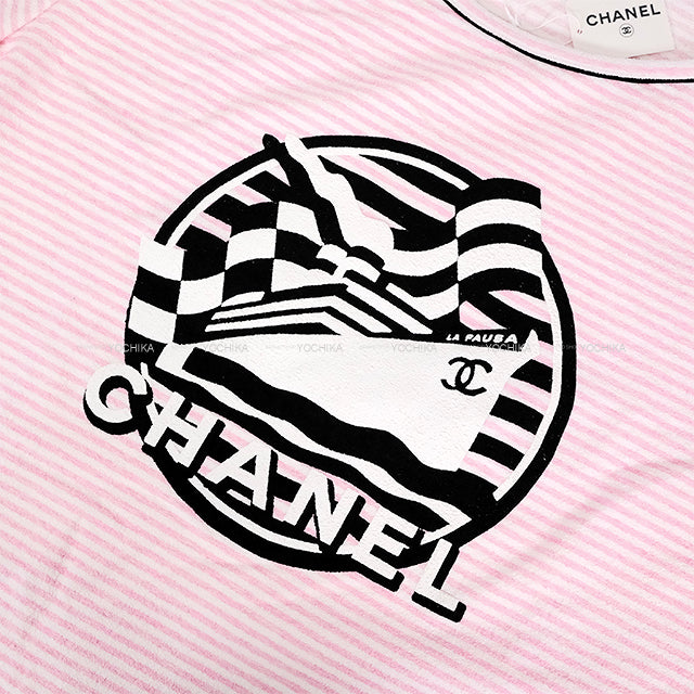 CHANEL Short sleeve t shirt Ladies LA PAUSA Border Pink/Blanc (White)/Noir (Black) Cotton/Nylon/Polyurethane #50 P60455[EXCELLENT][Authentic]
