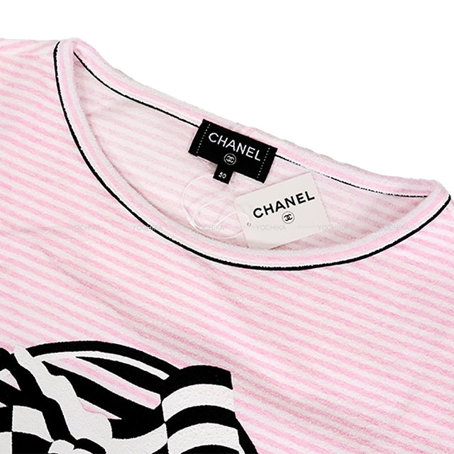 CHANEL Short sleeve t shirt Ladies LA PAUSA Border Pink/Blanc (White)/Noir (Black) Cotton/Nylon/Polyurethane #50 P60455[EXCELLENT][Authentic]