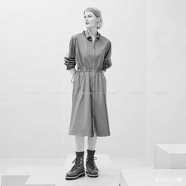 2024 AW HERMES One‐piece dress Ladies Long Flare Gum Dress Drawstring Front Zip Noir (Black) Cotton ＃42 4H0571DV[EXCELLENT][Authentic]