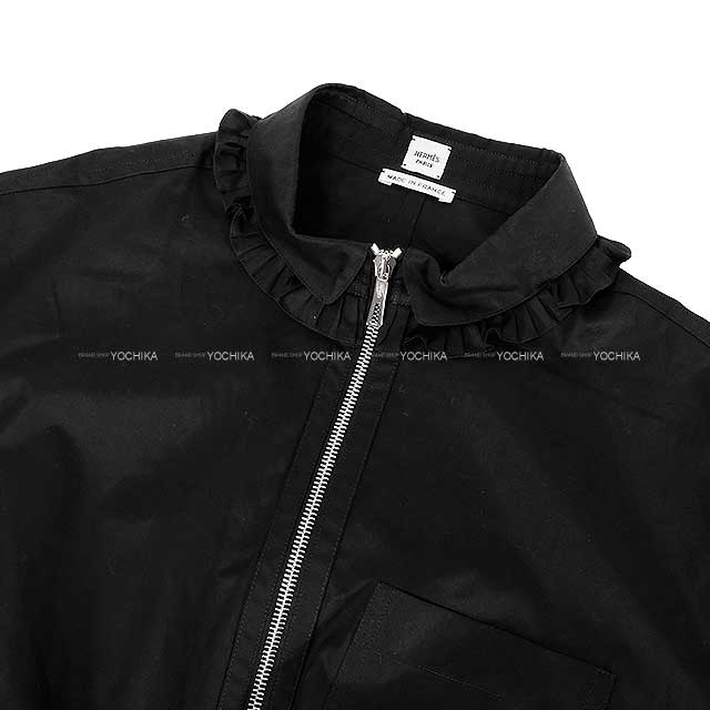 2024 AW HERMES One‐piece dress Ladies Long Flare Gum Dress Drawstring Front Zip Noir (Black) Cotton ＃42 4H0571DV[EXCELLENT][Authentic]