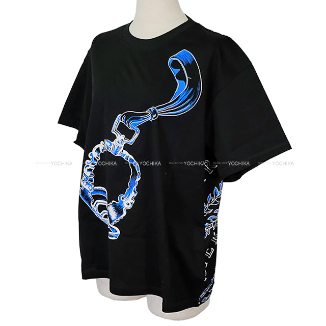 2024 SS HERMES Short sleeve t shirt Women's Maxi Etrielle Stirrups Black/Blue/White Cotton ＃42 4E4651DC[EXCELLENT][Authentic]
