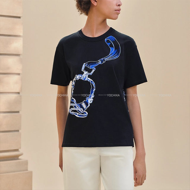 2024 SS HERMES Short sleeve t shirt Women's Maxi Etrielle Stirrups Black/Blue/White Cotton ＃42 4E4651DC[EXCELLENT][Authentic]