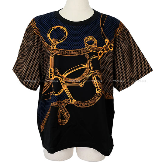 2024 SS HERMES Short sleeve t shirt Ladies Maxi Eperon d'Or Bandana Black/Orange/Blue Cotton ＃44[EXCELLENT][Authentic]