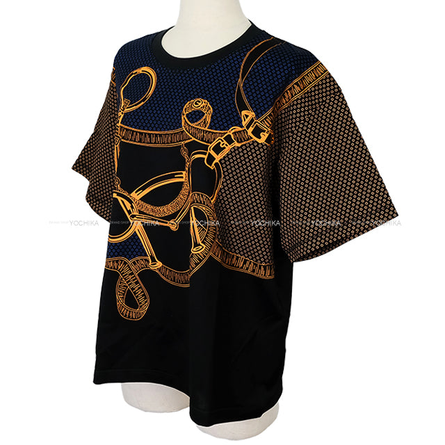2024 SS HERMES Short sleeve t shirt Ladies Maxi Eperon d'Or Bandana Black/Orange/Blue Cotton ＃44[EXCELLENT][Authentic]