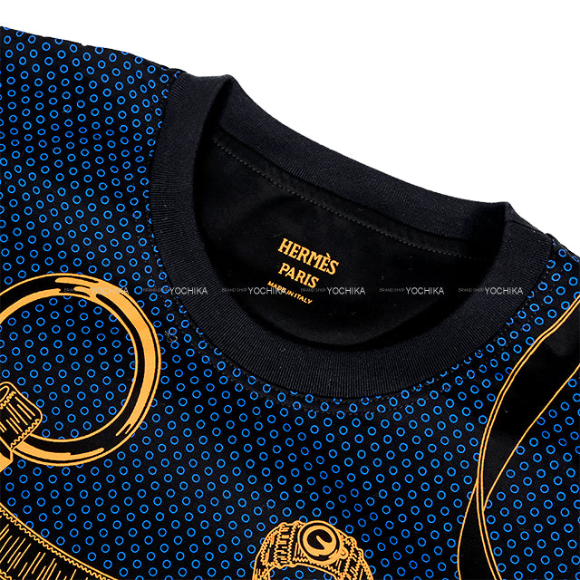 2024 SS HERMES Short sleeve t shirt Ladies Maxi Eperon d'Or Bandana Black/Orange/Blue Cotton ＃44[EXCELLENT][Authentic]