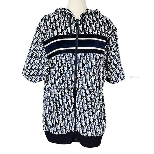 Dior Hooded sweatshirt Oblique Short-Sleeve Sweatshirt Navy/Blanc (White) Velvet/Cotton jersey #S 243G30A4022[EXCELLENT][Authentic]