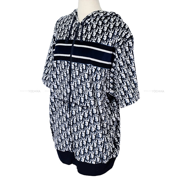 Dior Hooded sweatshirt Oblique Short-Sleeve Sweatshirt Navy/Blanc (White) Velvet/Cotton jersey #S 243G30A4022[EXCELLENT][Authentic]