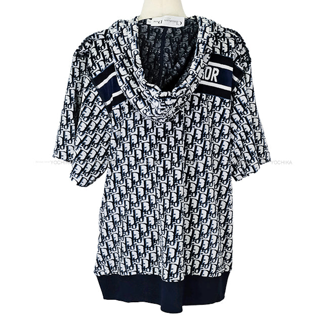 Dior Hooded sweatshirt Oblique Short-Sleeve Sweatshirt Navy/Blanc (White) Velvet/Cotton jersey #S 243G30A4022[EXCELLENT][Authentic]