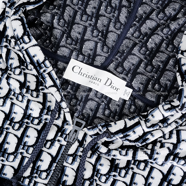 Dior Hooded sweatshirt Oblique Short-Sleeve Sweatshirt Navy/Blanc (White) Velvet/Cotton jersey #S 243G30A4022[EXCELLENT][Authentic]