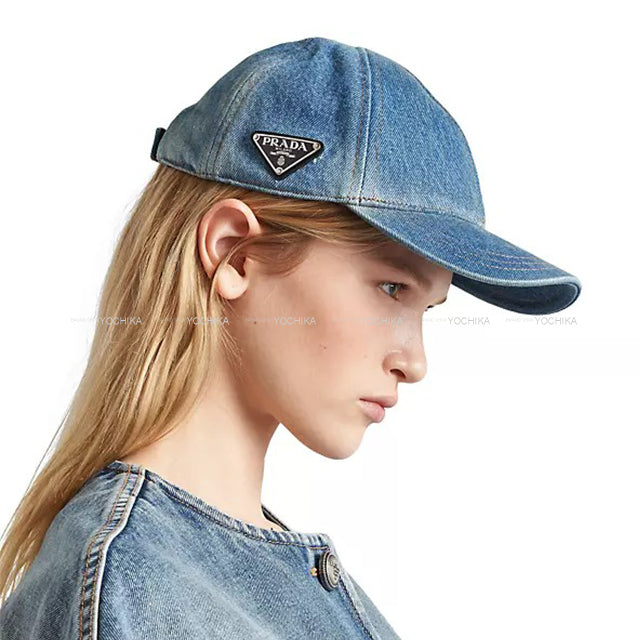 PRADA cap Baseball Triangle Logo Lightblue Denim #L 2HC27412K1[EXCELLENT][Authentic]