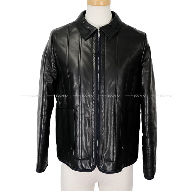 HERMES Blouson Leather Quilting Noir (Black)/Navy Calfskin ＃34 Silver HW[EXCELLENT][Authentic]