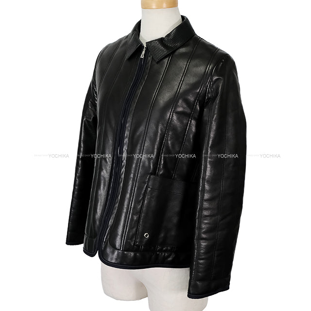 HERMES Blouson Leather Quilting Noir (Black)/Navy Calfskin ＃34 Silver HW[EXCELLENT][Authentic]