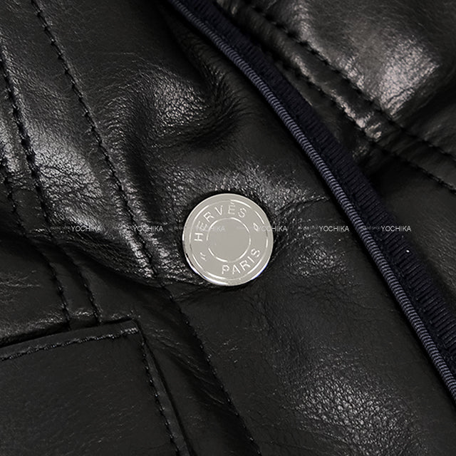 HERMES Blouson Leather Quilting Noir (Black)/Navy Calfskin ＃34 Silver HW[EXCELLENT][Authentic]
