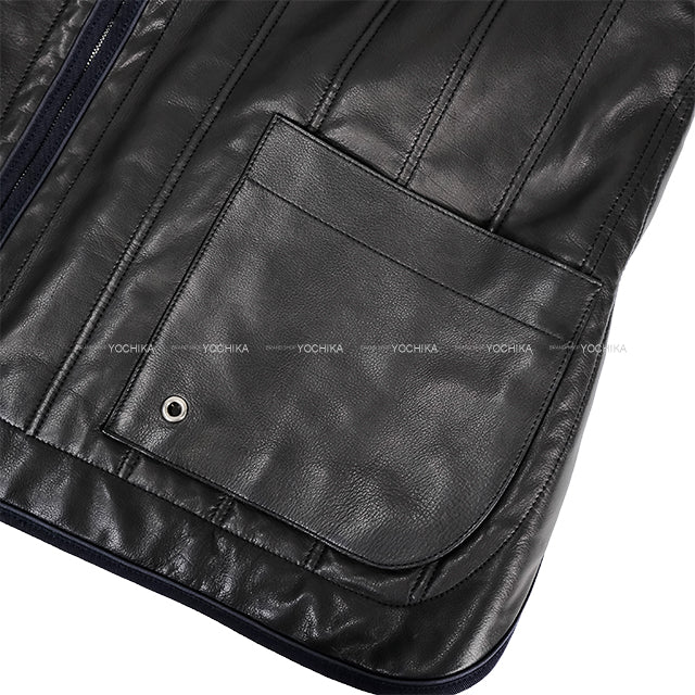 HERMES Blouson Leather Quilting Noir (Black)/Navy Calfskin ＃34 Silver HW[EXCELLENT][Authentic]