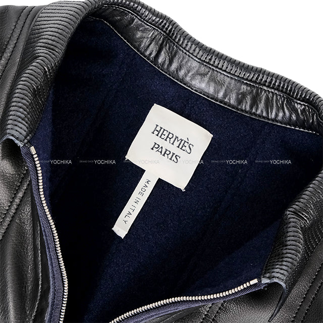 HERMES Blouson Leather Quilting Noir (Black)/Navy Calfskin ＃34 Silver HW[EXCELLENT][Authentic]