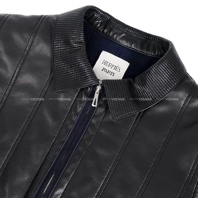 HERMES Blouson Leather Quilting Noir (Black)/Navy Calfskin ＃34 Silver HW[EXCELLENT][Authentic]